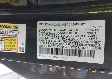 2018 Honda Accord Exl from USA, damaged, VIN 1HGCV2F58JA003660
